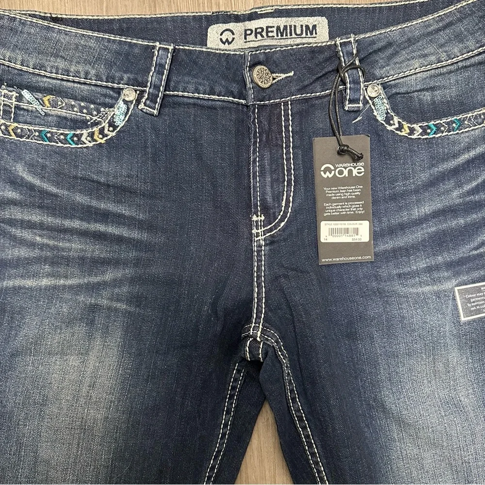 Warehouse Premium Denim Dark Blue Slim Embellished Denim Capris 14 - Picture 7 of 10